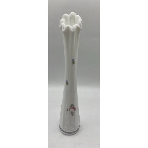 Vintage Westmoreland MCM Milk Glass Swung Bud Vase 10.25" Hand Painted Ribbed - Picture 2 of 16